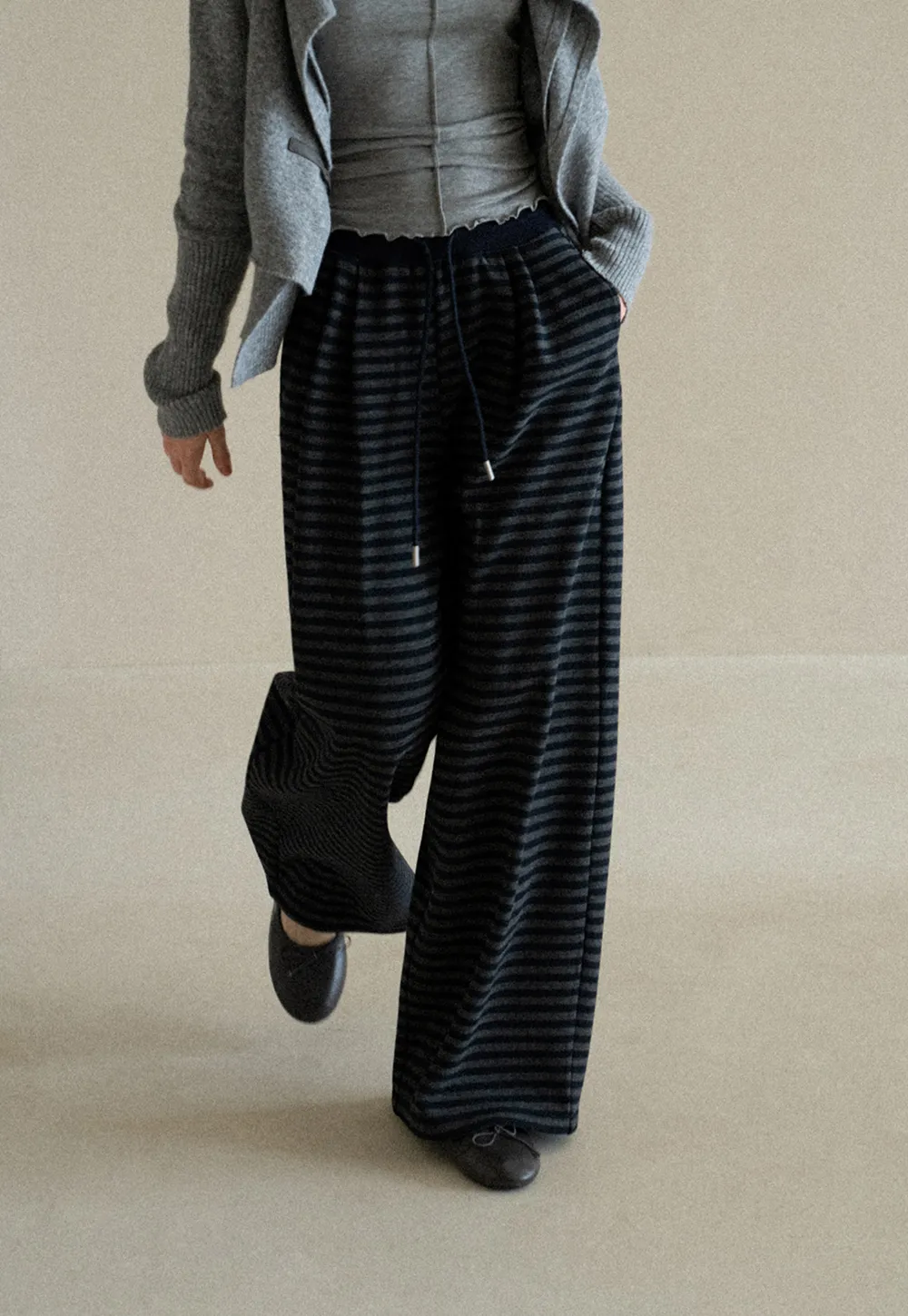 Striped Wide Leg Drawstring Casual Pants