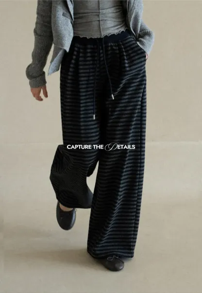 Striped Wide Leg Drawstring Casual Pants