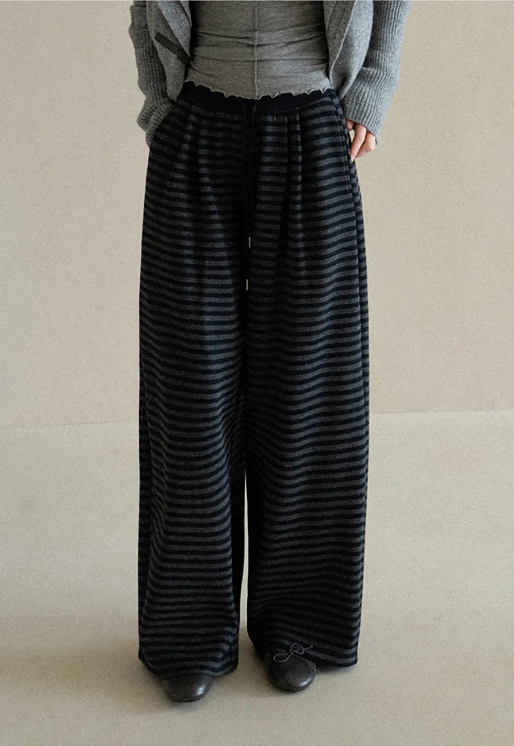 Striped Wide Leg Drawstring Casual Pants