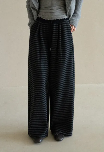 Striped Wide Leg Drawstring Casual Pants