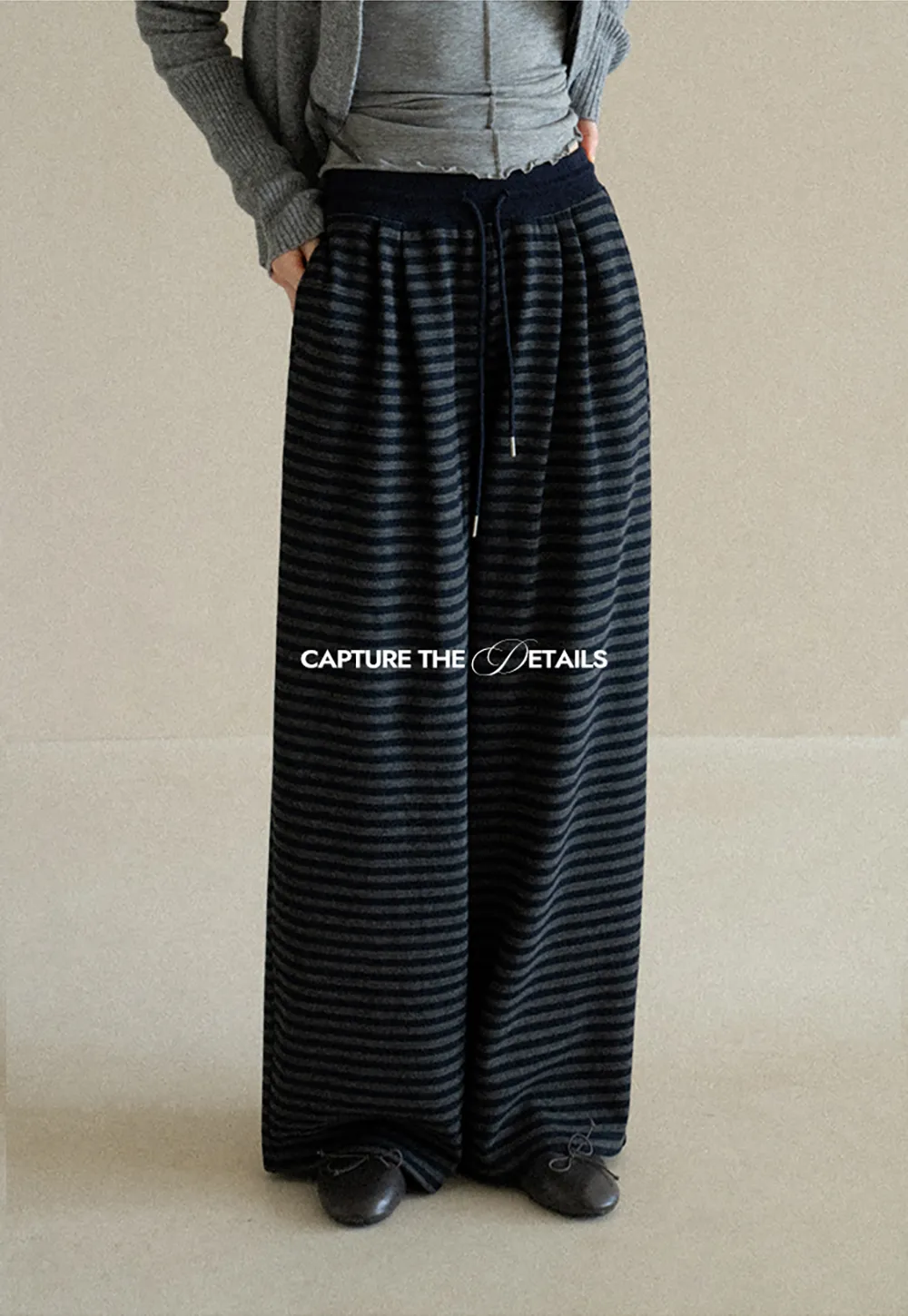Striped Wide Leg Drawstring Casual Pants