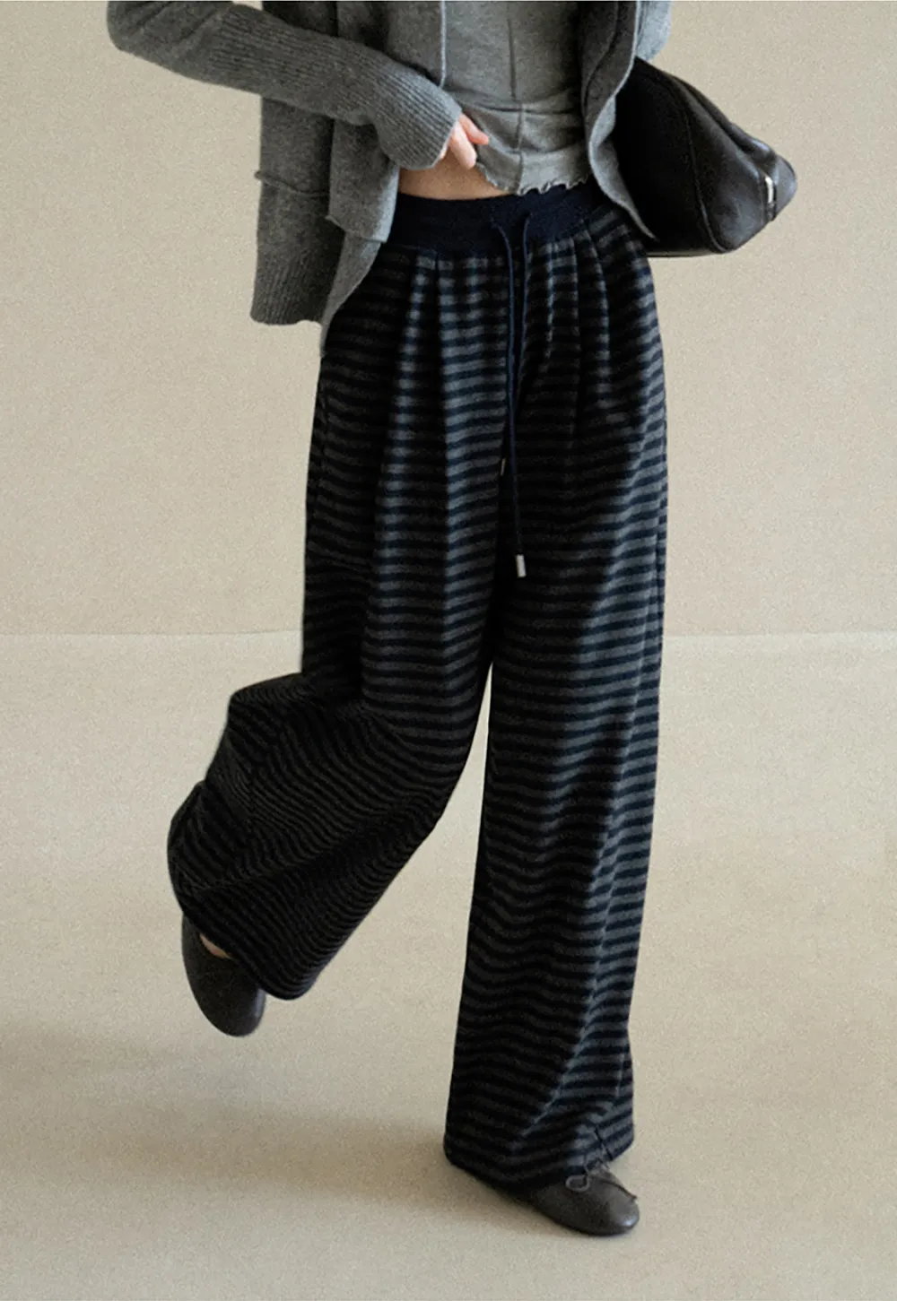 Striped Wide Leg Drawstring Casual Pants