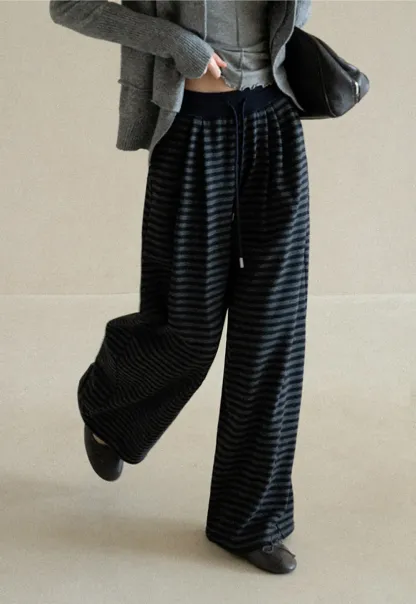 Striped Wide Leg Drawstring Casual Pants