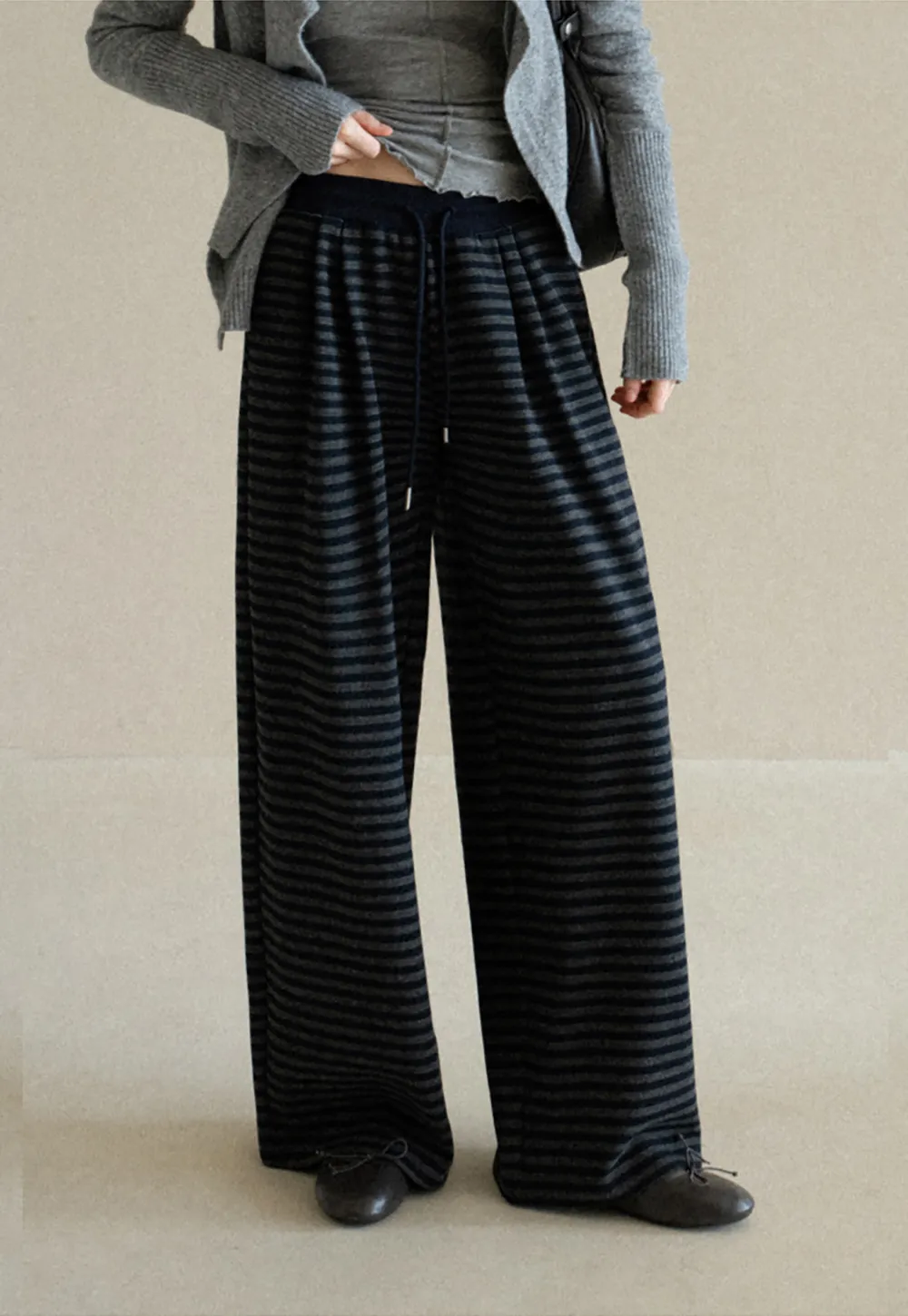 Striped Wide Leg Drawstring Casual Pants