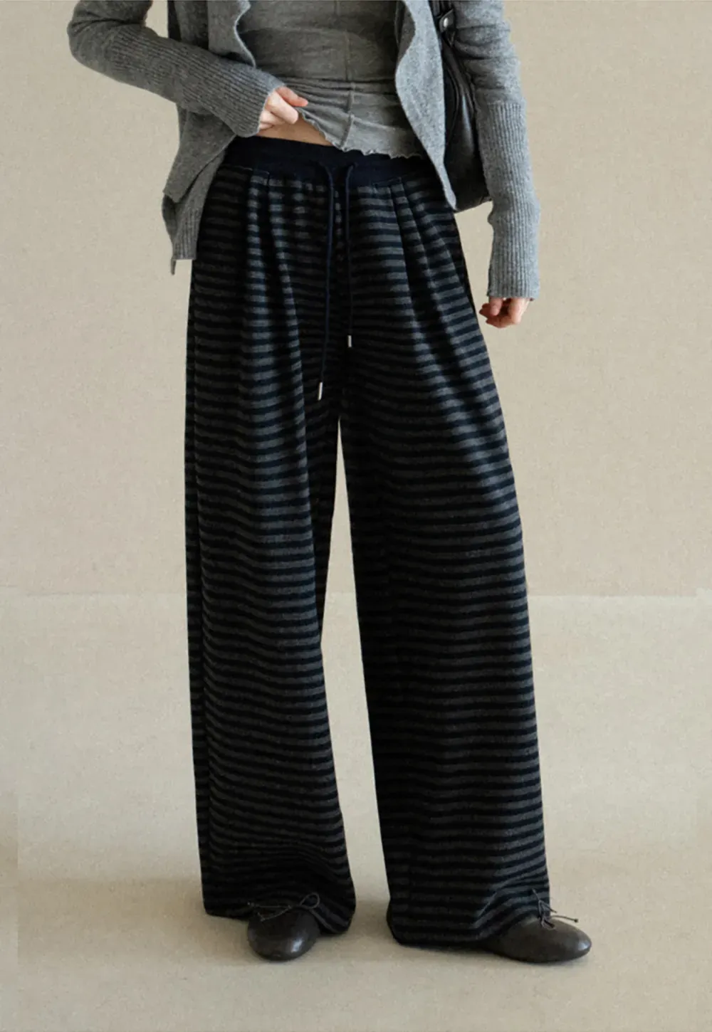 Striped Wide Leg Drawstring Casual Pants