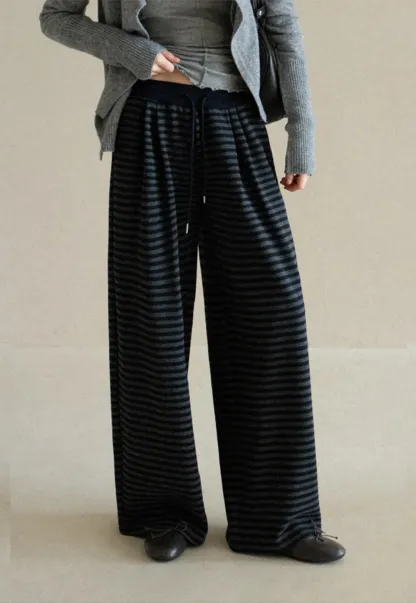 Striped Wide Leg Drawstring Casual Pants