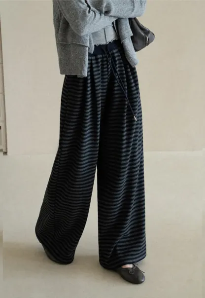 Striped Wide Leg Drawstring Casual Pants