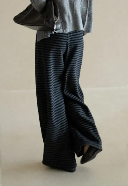 Striped Wide Leg Drawstring Casual Pants