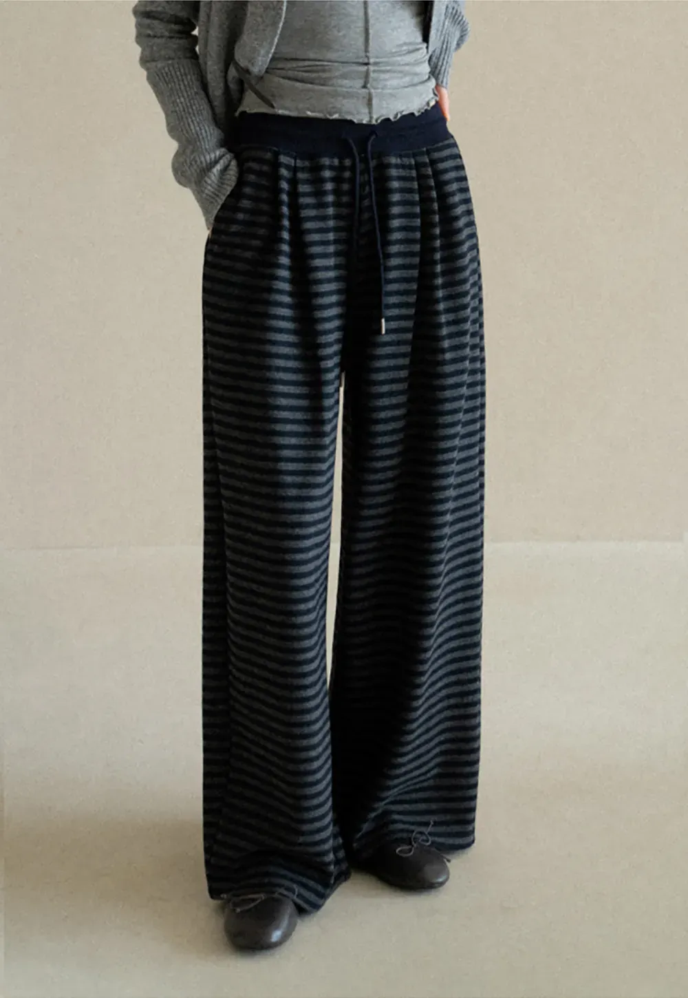 Striped Wide Leg Drawstring Casual Pants