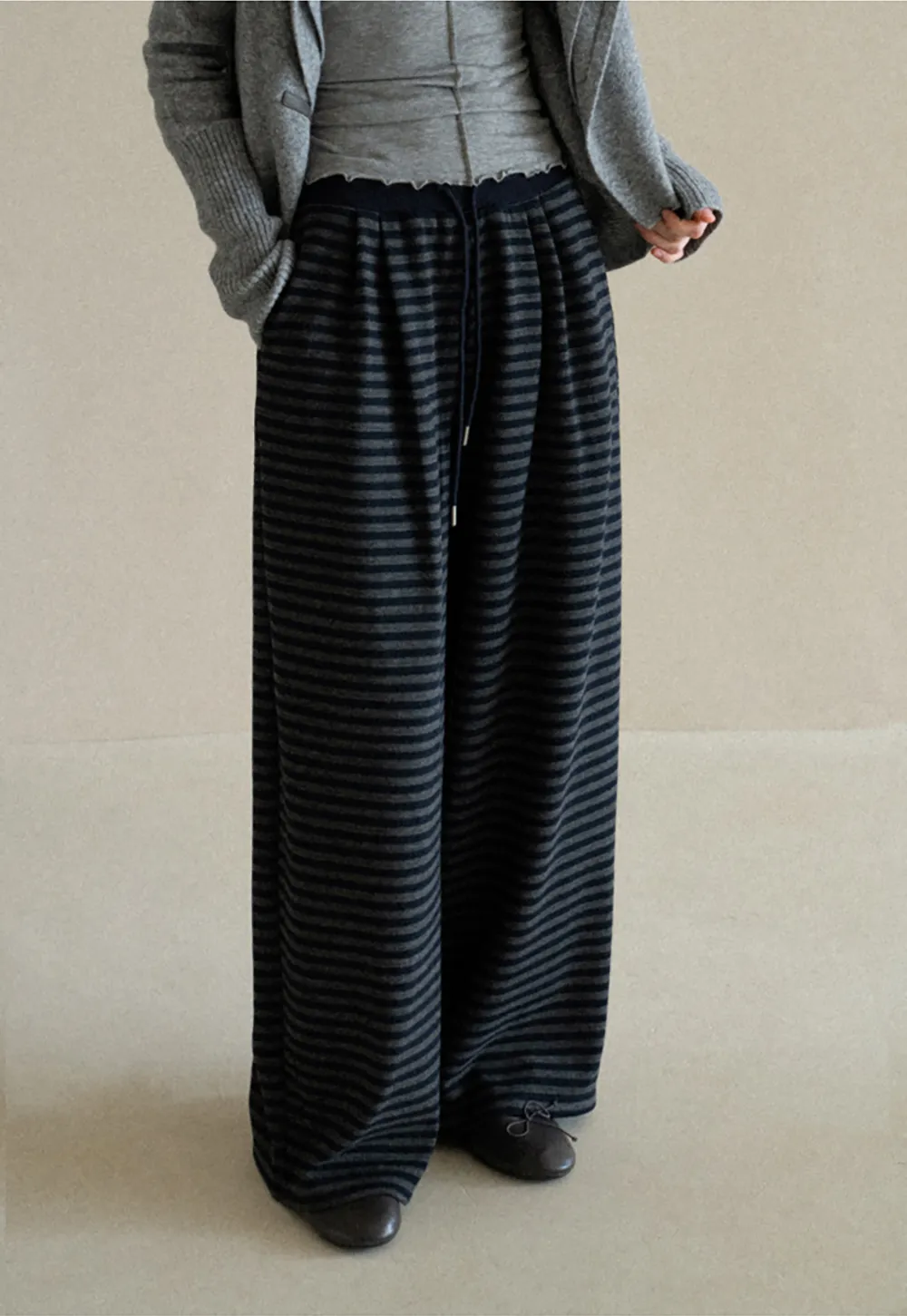 Striped Wide Leg Drawstring Casual Pants