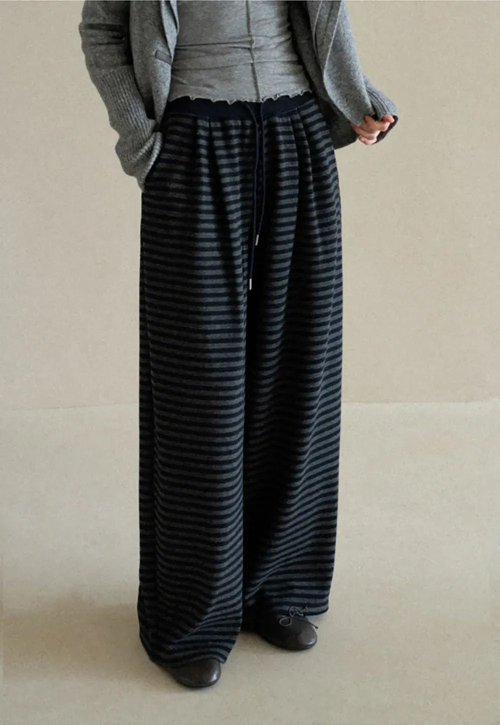 Striped Wide Leg Drawstring Casual Pants