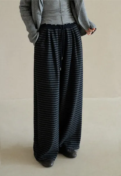 Striped Wide Leg Drawstring Casual Pants