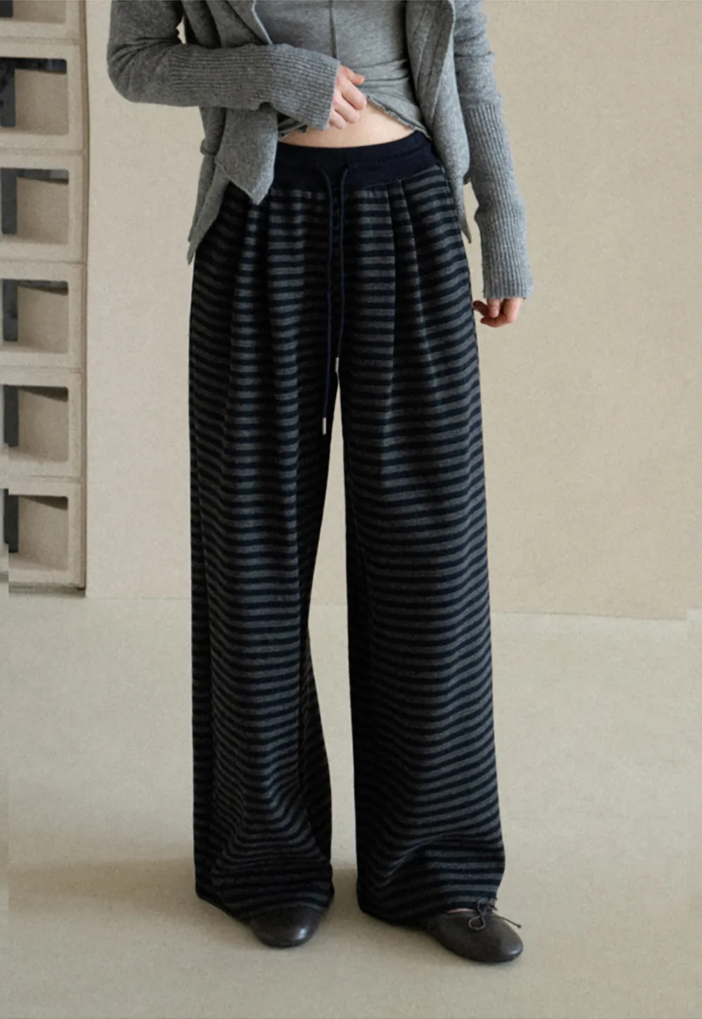 Striped Wide Leg Drawstring Casual Pants