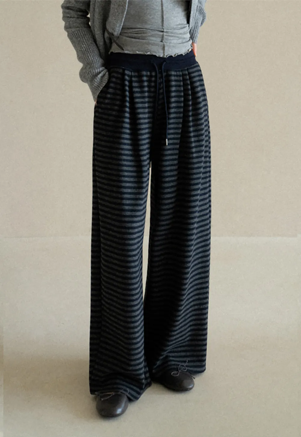 Striped Wide Leg Drawstring Casual Pants
