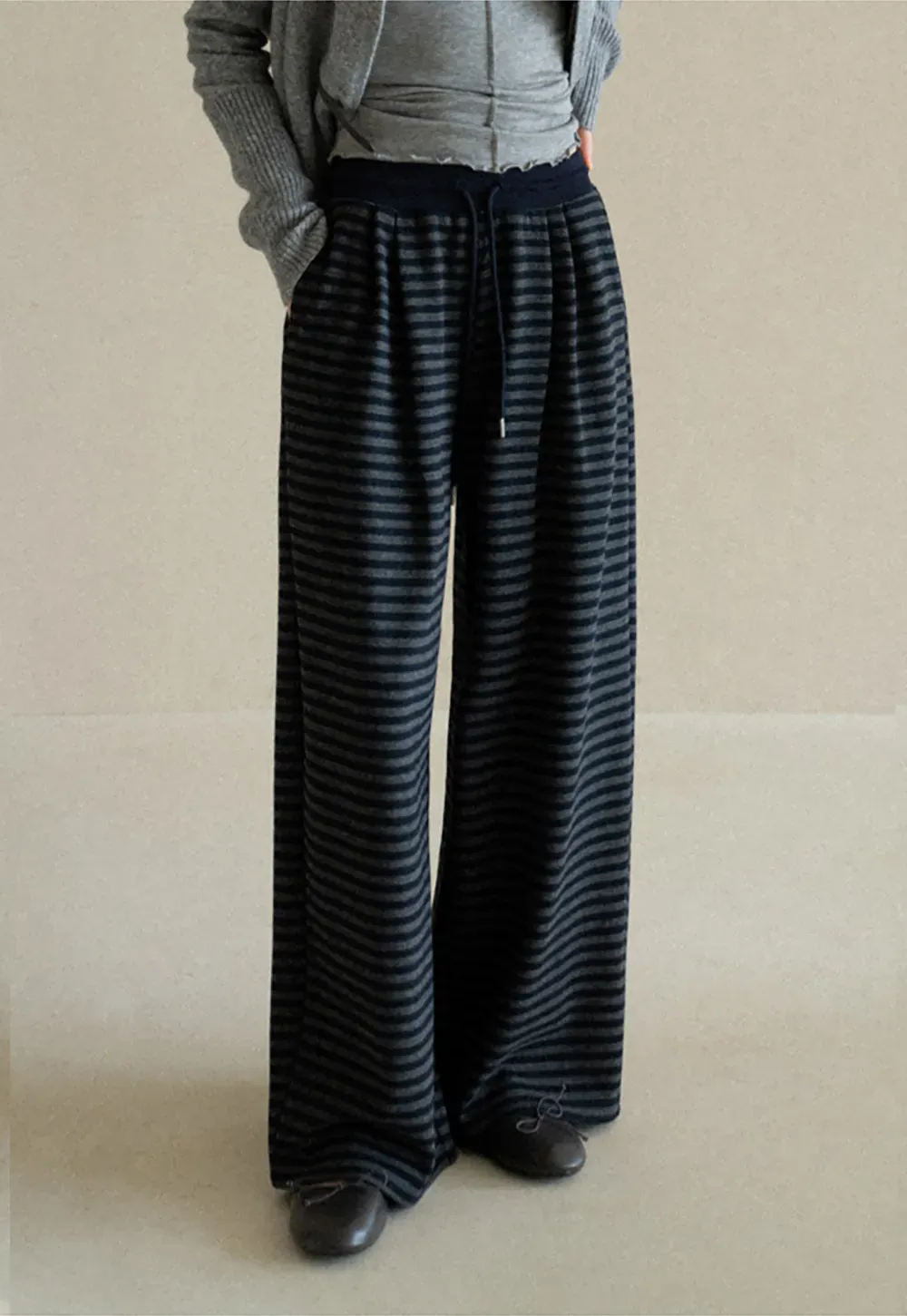 Striped Wide Leg Drawstring Casual Pants