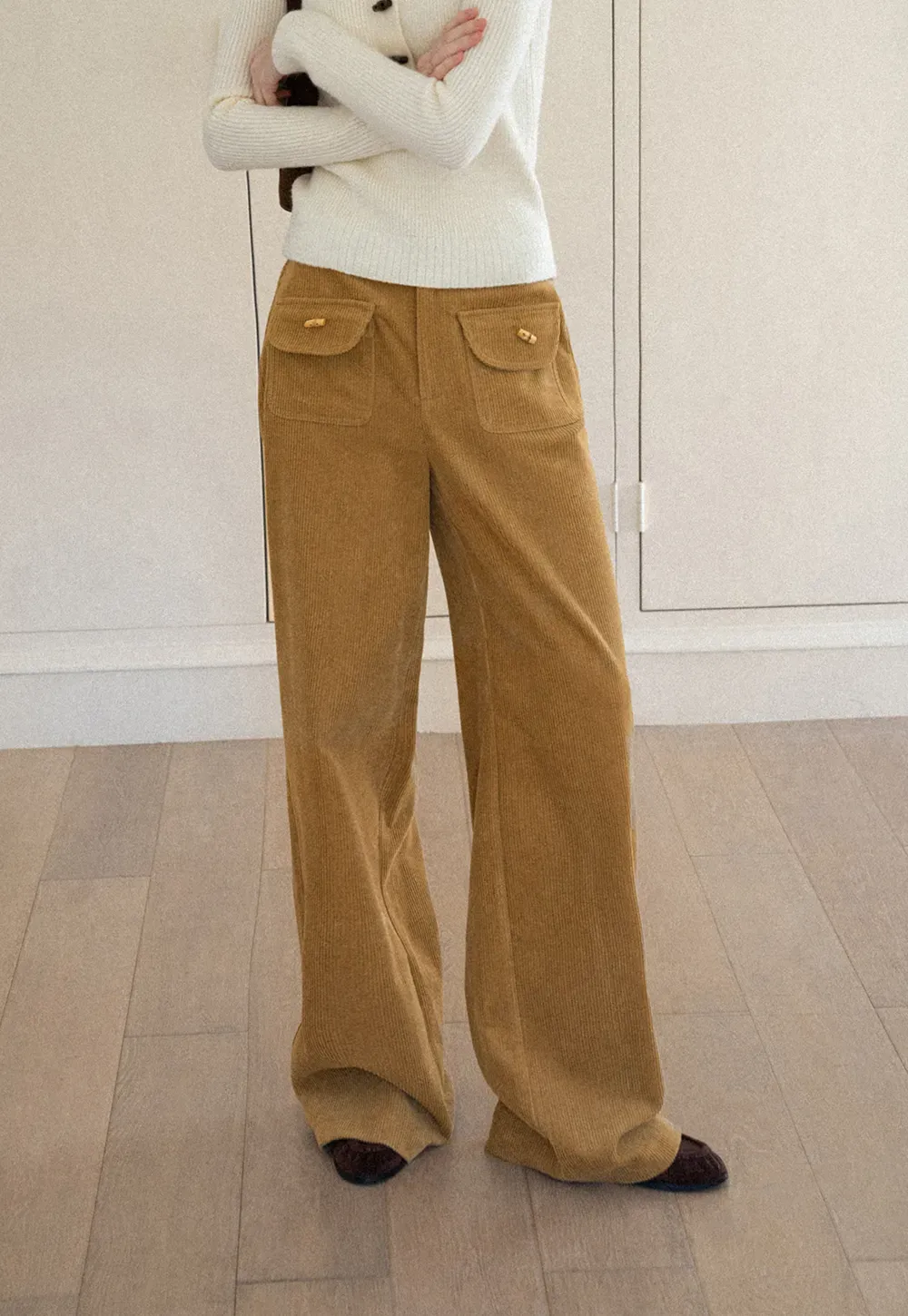 Wide Leg Corduroy Pants with Flap Pockets
