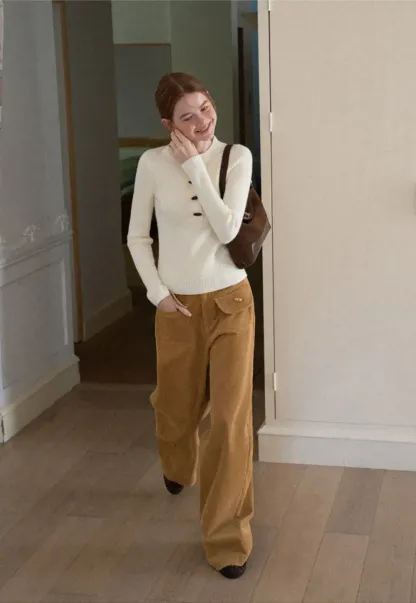 Wide Leg Corduroy Pants with Flap Pockets