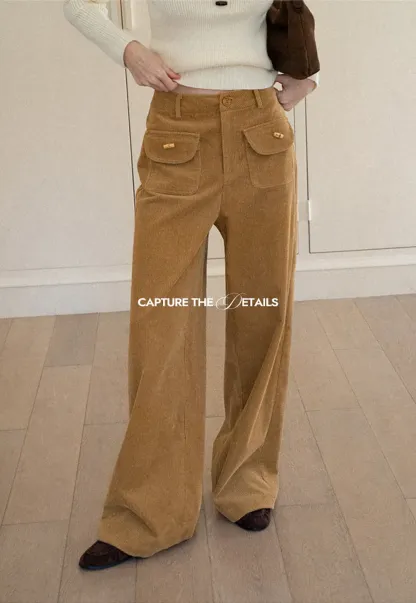 Wide Leg Corduroy Pants with Flap Pockets