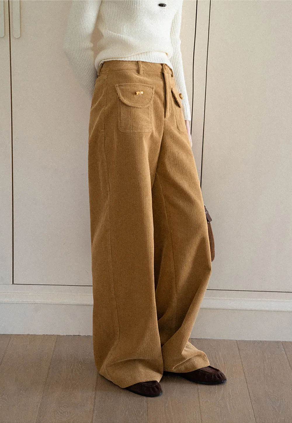 Wide Leg Corduroy Pants with Flap Pockets