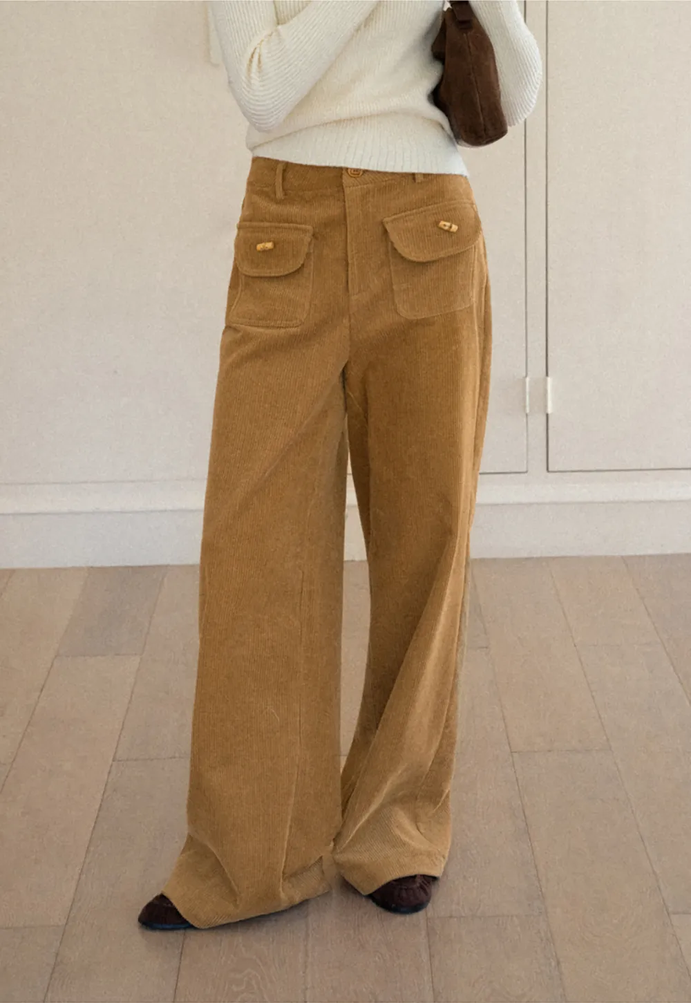 Wide Leg Corduroy Pants with Flap Pockets
