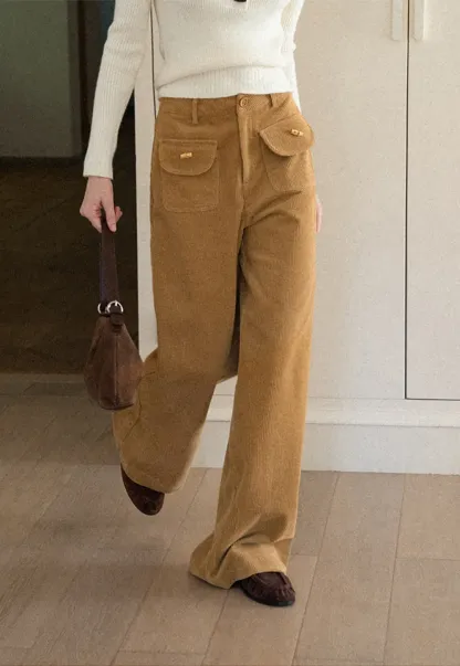 Wide Leg Corduroy Pants with Flap Pockets
