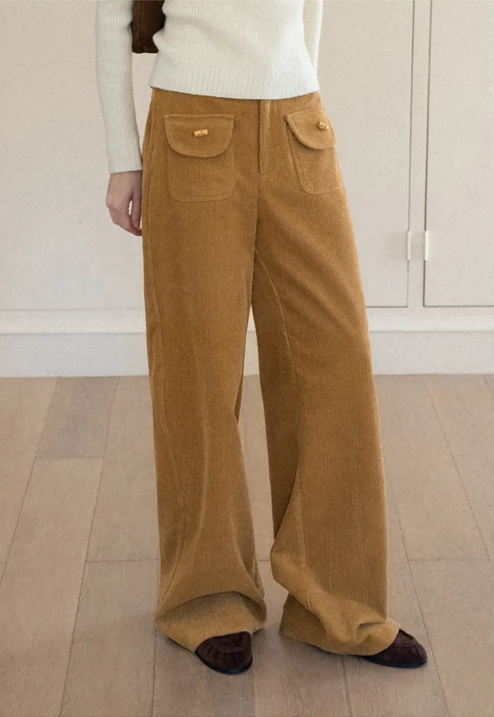 Wide Leg Corduroy Pants with Flap Pockets