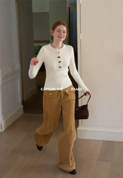 Wide Leg Corduroy Pants with Flap Pockets