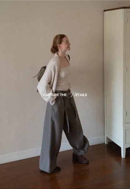 High Waist Wide Leg Drawstring Casual Pants