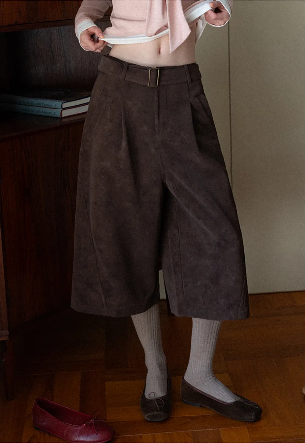 High Waist Pleated Wide Leg Cropped Casual Pants