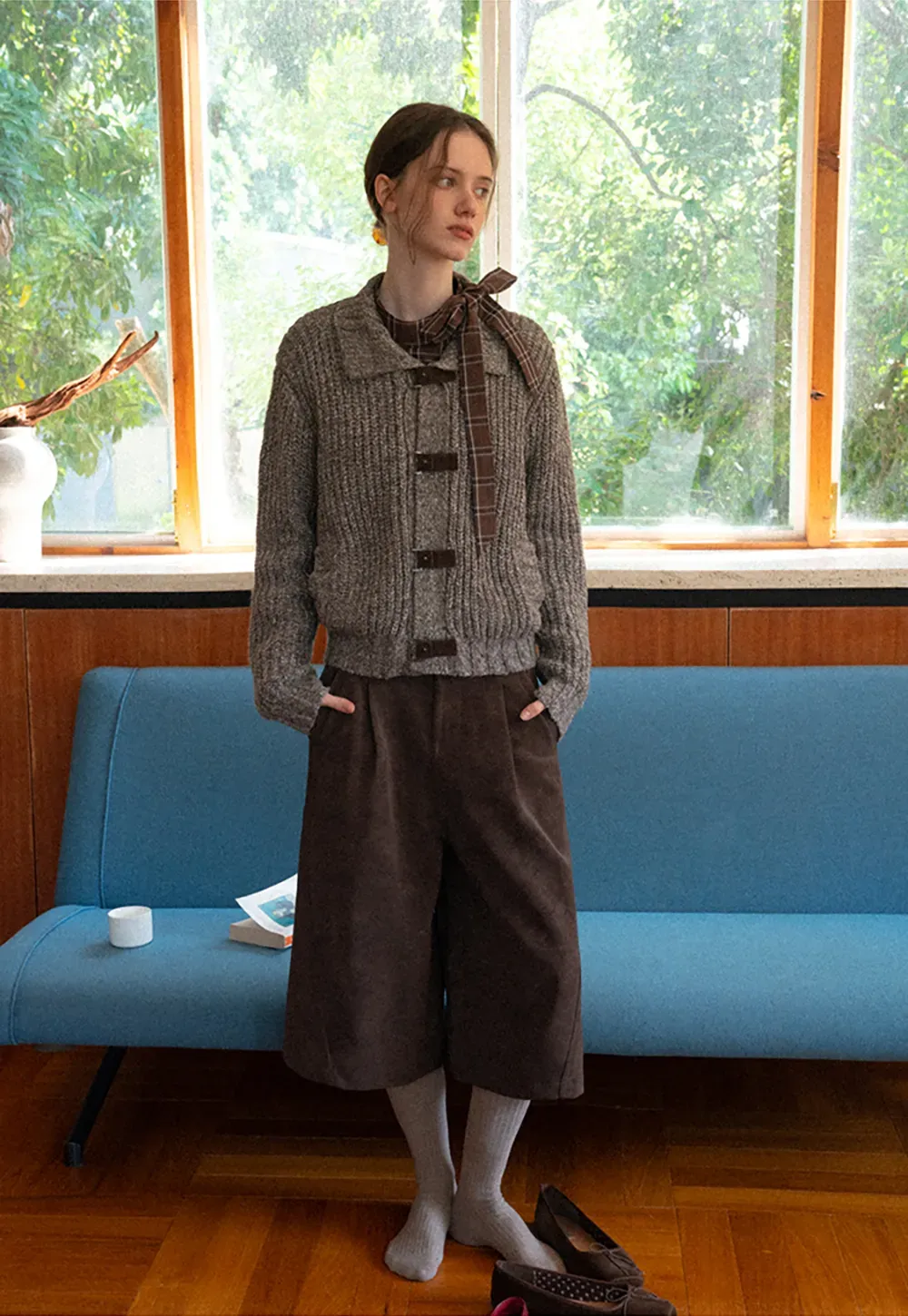 High Waist Pleated Wide Leg Cropped Casual Pants