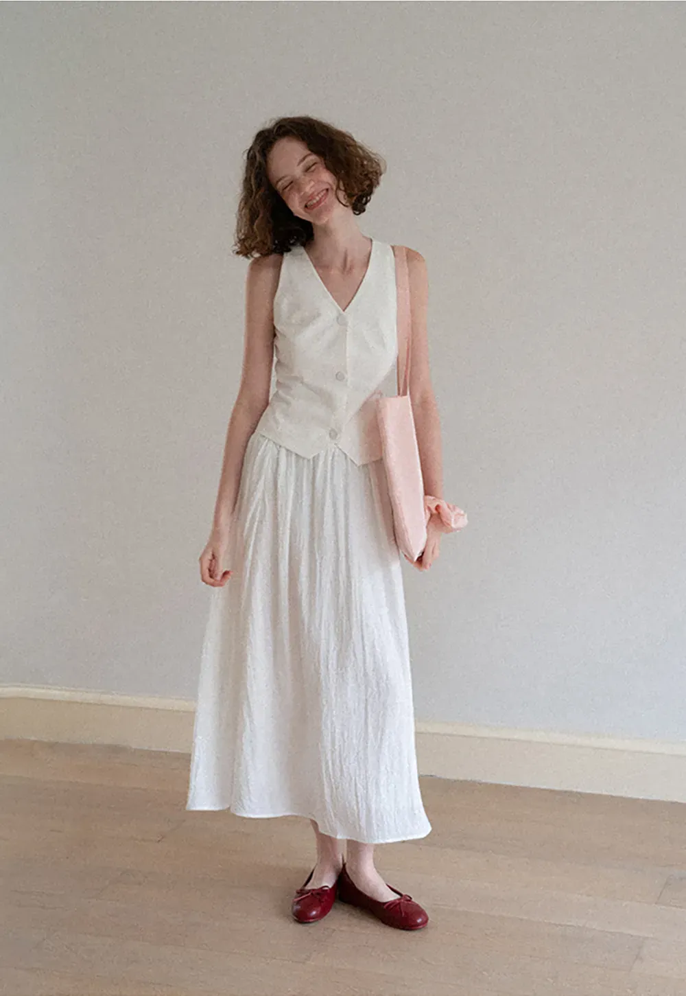 V Neck Sleeveless Tailored Vest A Line Pleated Skirt
