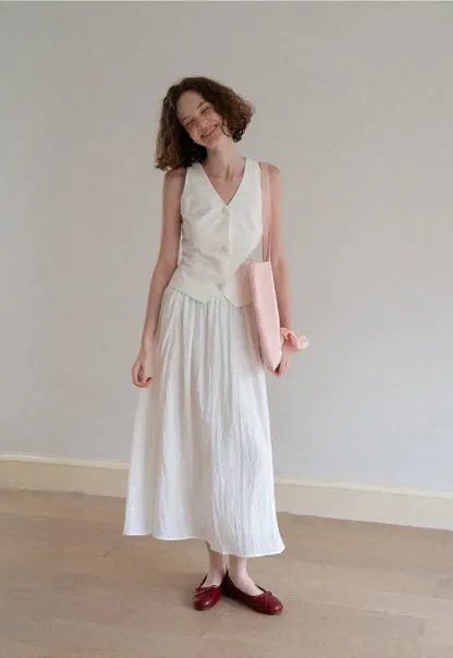 V Neck Sleeveless Tailored Vest A Line Pleated Skirt