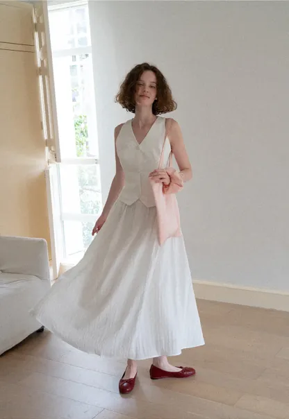 V Neck Sleeveless Tailored Vest A Line Pleated Skirt