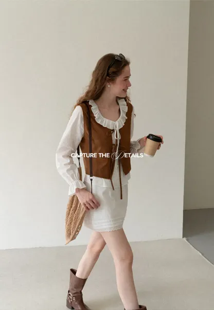 Ruffled Collar Lace Trim Vest