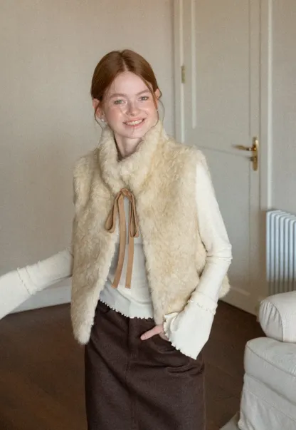 Faux Fur Collar Vest with Bow Tie Detail