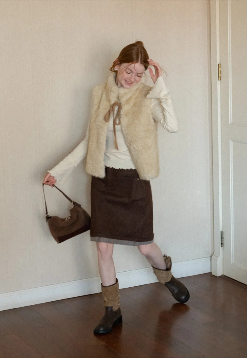 Faux Fur Collar Vest with Bow Tie Detail