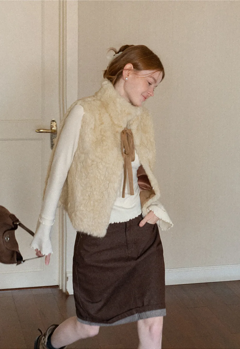 Faux Fur Collar Vest with Bow Tie Detail