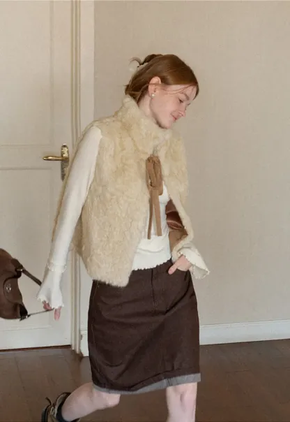 Faux Fur Collar Vest with Bow Tie Detail