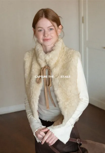 Faux Fur Collar Vest with Bow Tie Detail