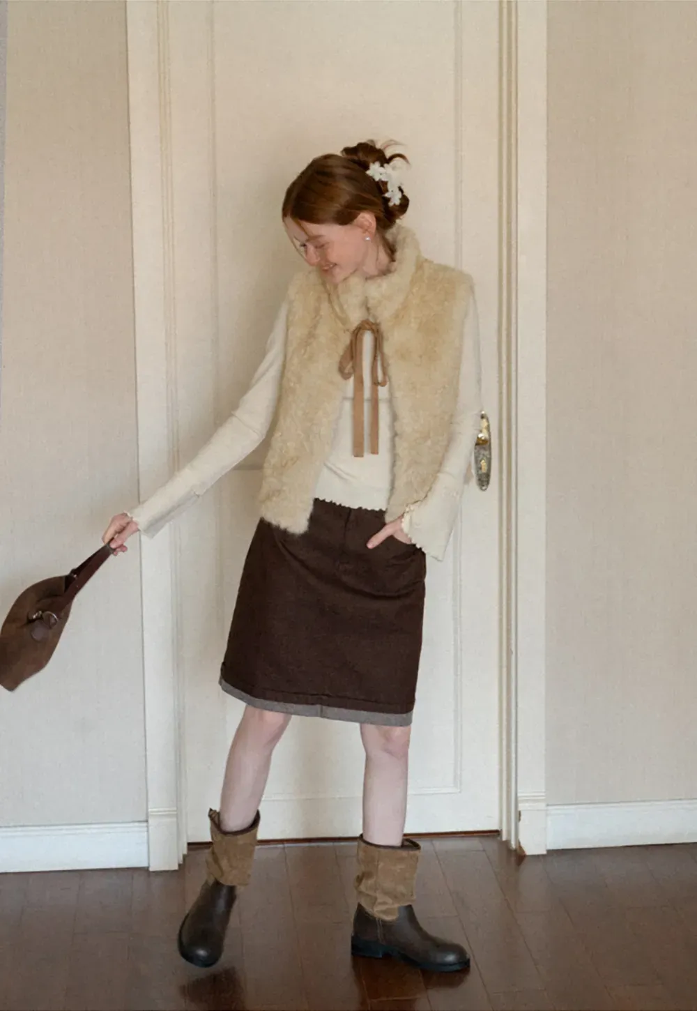 Faux Fur Collar Vest with Bow Tie Detail