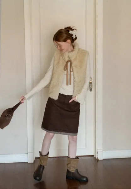 Faux Fur Collar Vest with Bow Tie Detail