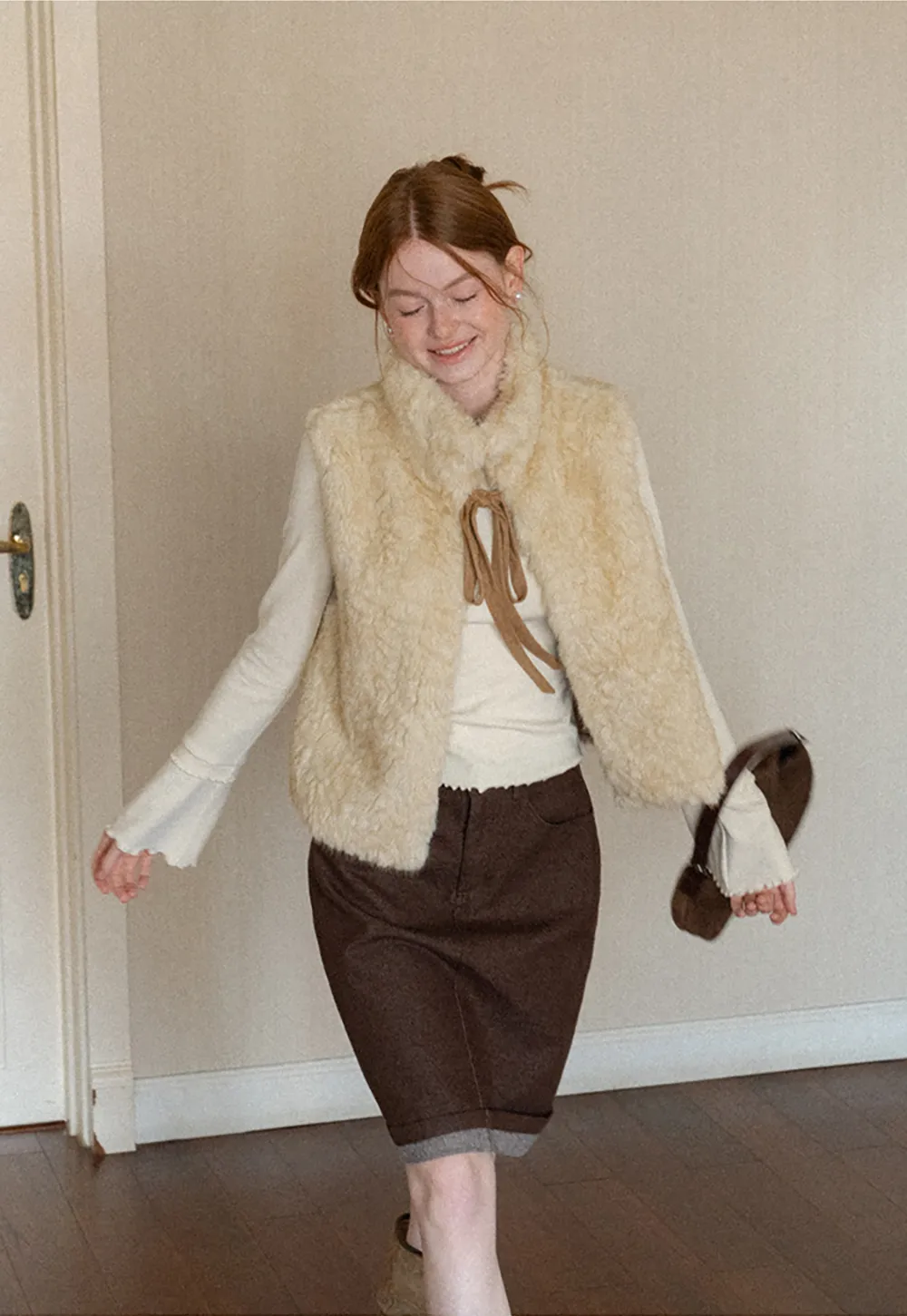 Faux Fur Collar Vest with Bow Tie Detail