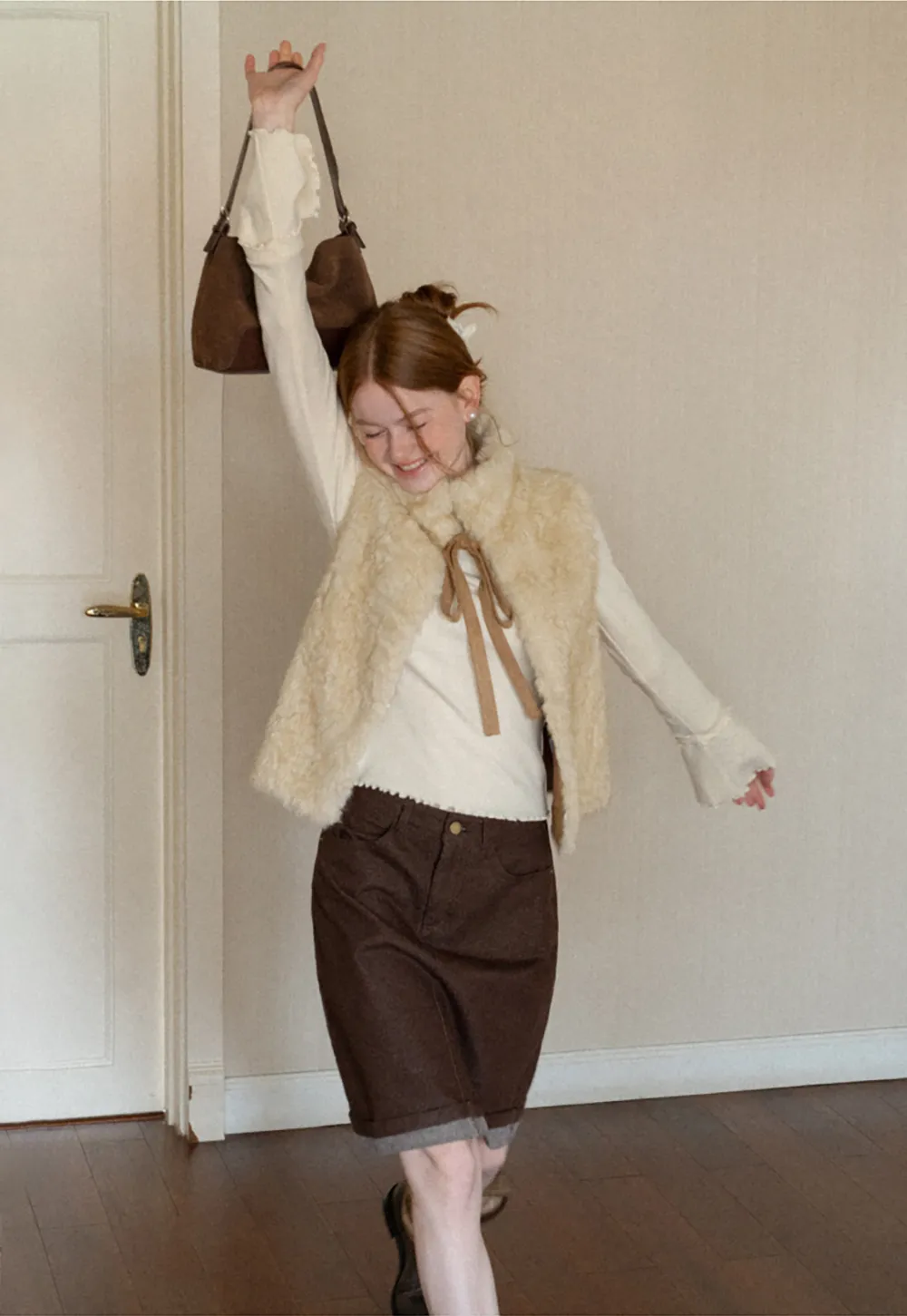 Faux Fur Collar Vest with Bow Tie Detail