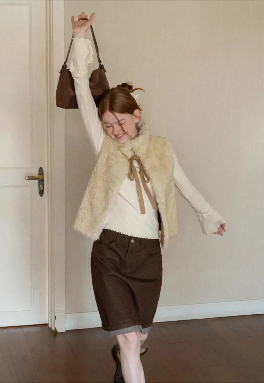 Faux Fur Collar Vest with Bow Tie Detail
