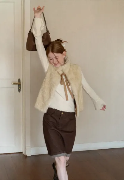 Faux Fur Collar Vest with Bow Tie Detail