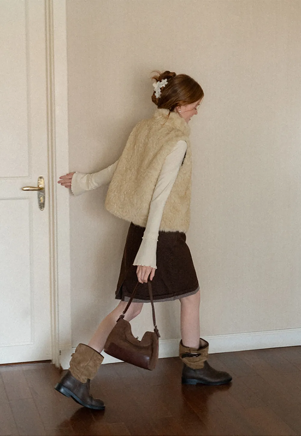 Faux Fur Collar Vest with Bow Tie Detail