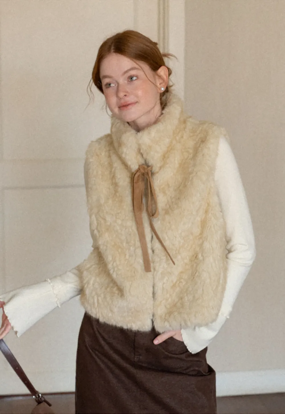 Faux Fur Collar Vest with Bow Tie Detail