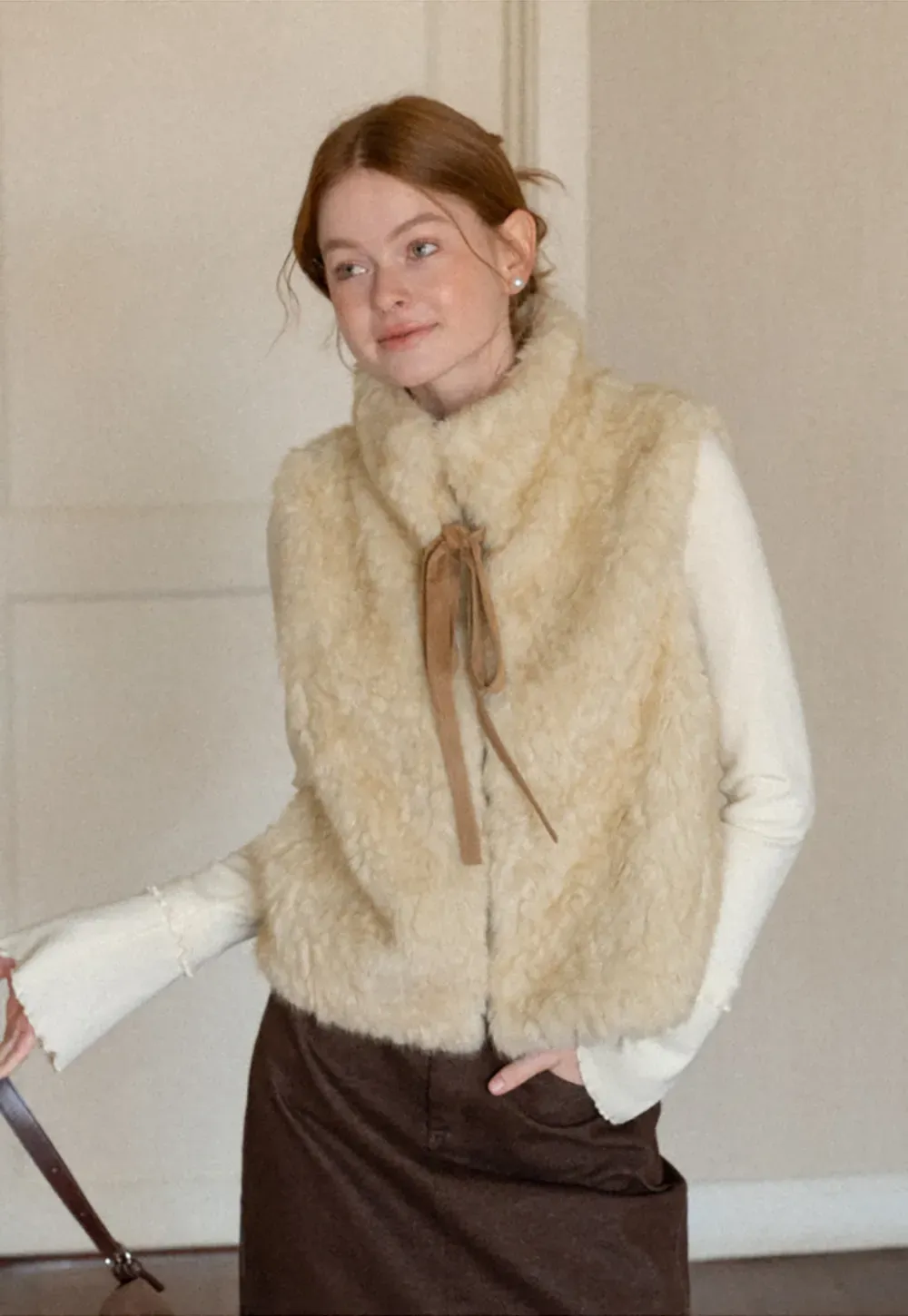 Faux Fur Collar Vest with Bow Tie Detail