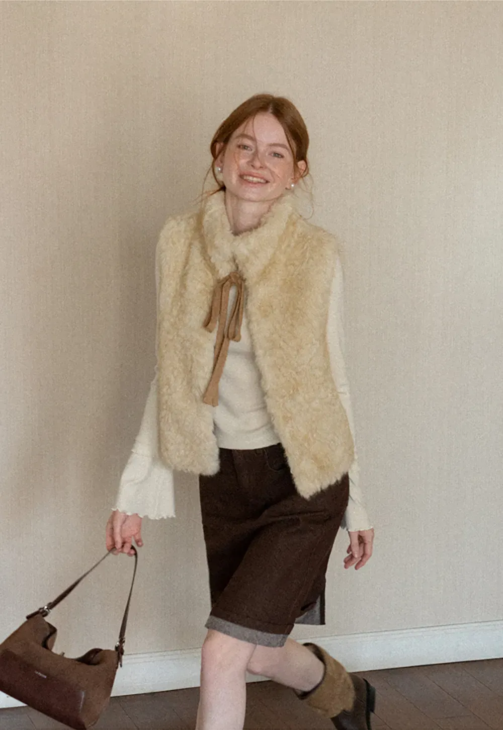 Faux Fur Collar Vest with Bow Tie Detail