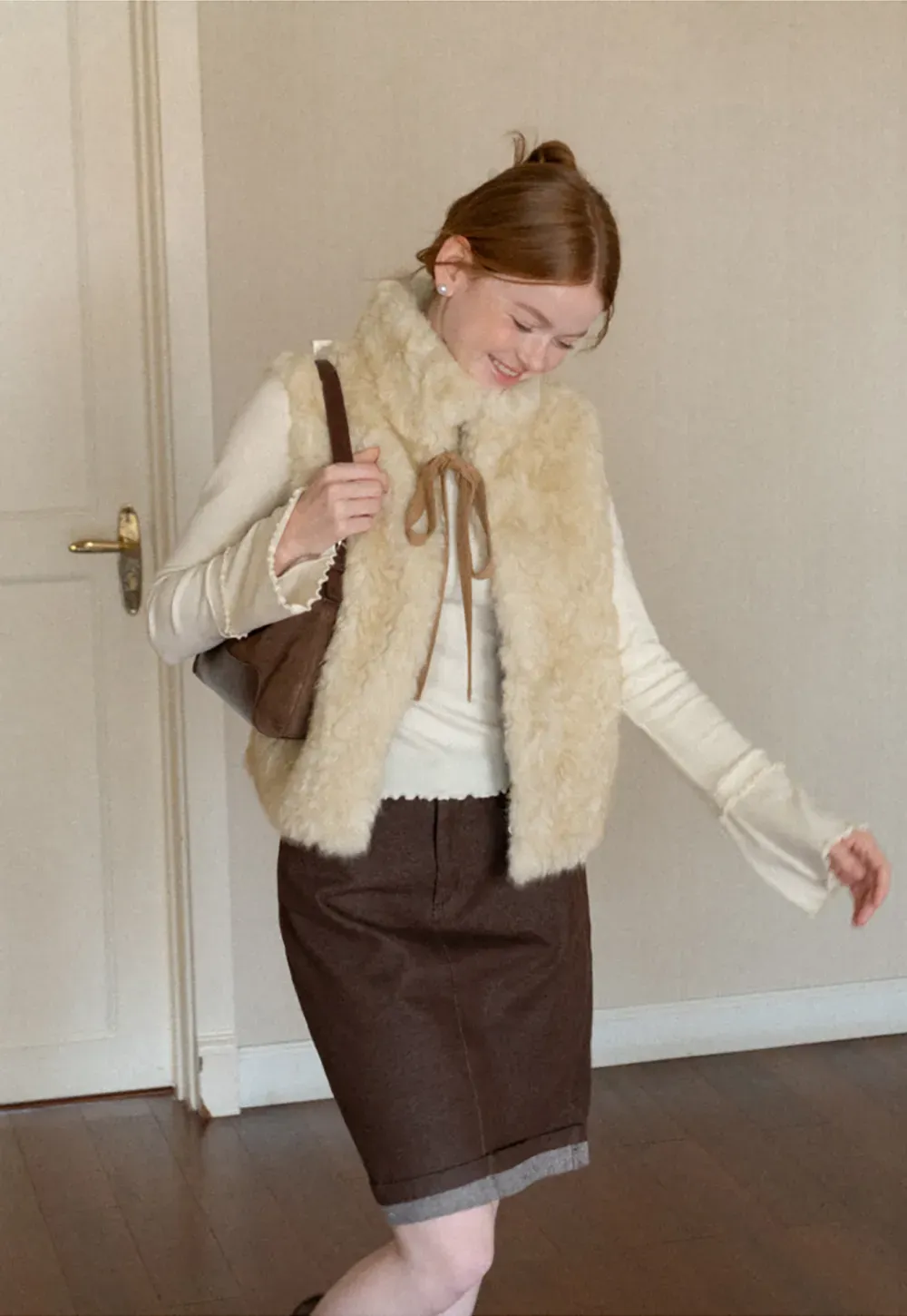 Faux Fur Collar Vest with Bow Tie Detail